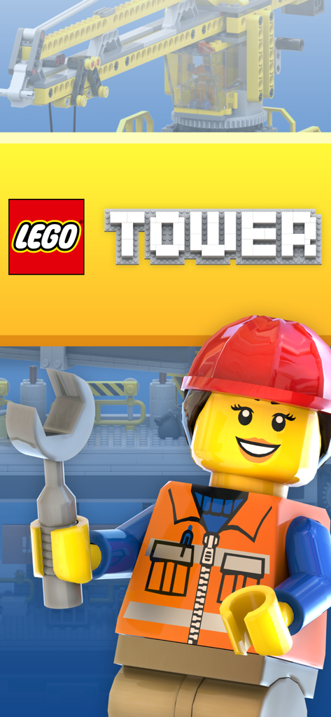 Logotipo de LEGO Tower y una minifigura de construcción sonriente sosteniendo una llave inglesa