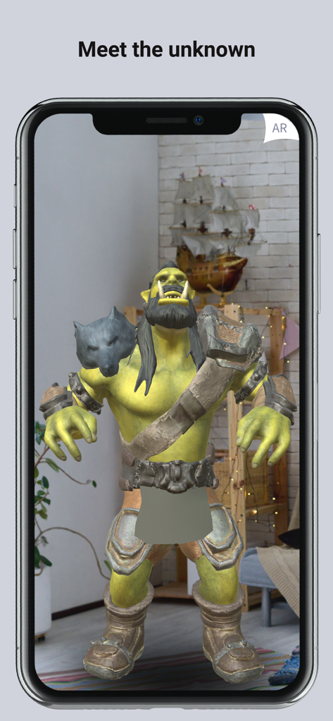 A smartphone screen displaying a 3D augmented reality fantasy orc character in a living room using the ARLOOPA app.