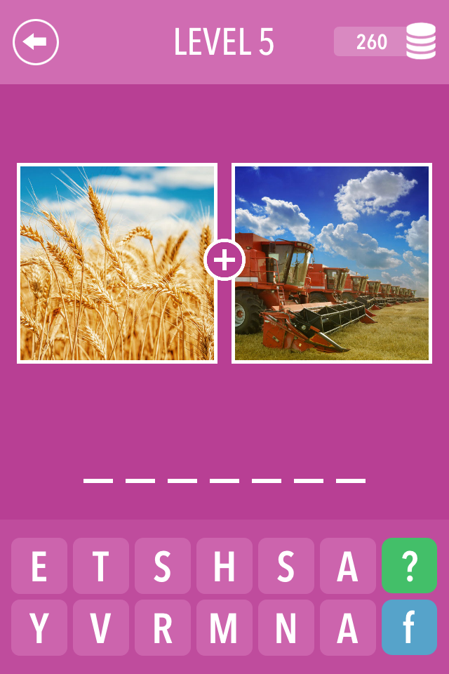 2 Pics ~ Combine and Guess the Word! - A word puzzle game level showing two images of wheat and harvesters to be combined into one word