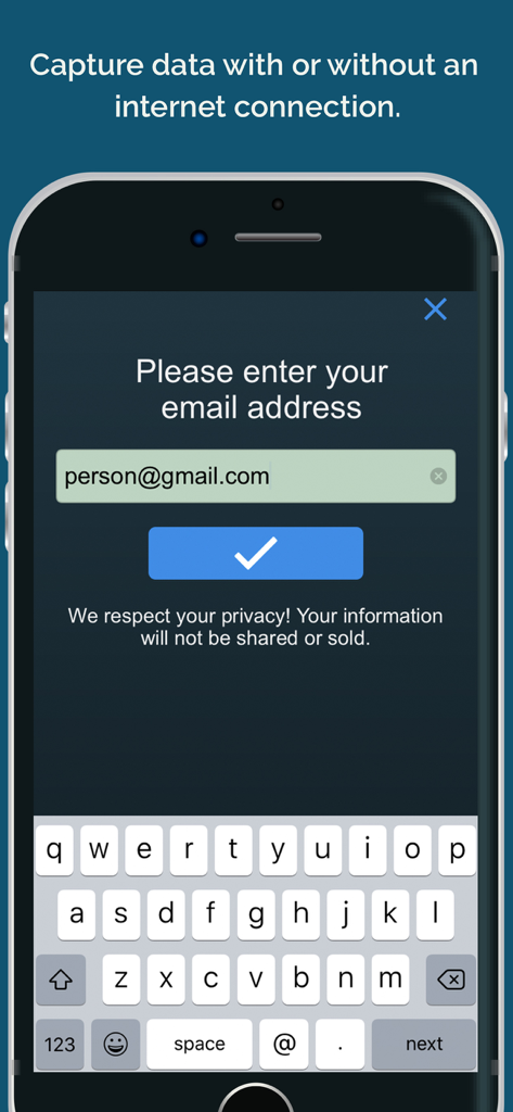 OnSpot Socialモバイルアプリのインターフェース。インターネット接続なしでオフラインで顧客のメールアドレスをキャプチャします。