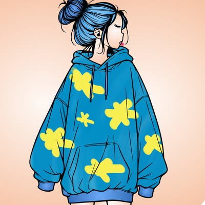 realistic girl with a oversized sweatshirt on and a bun