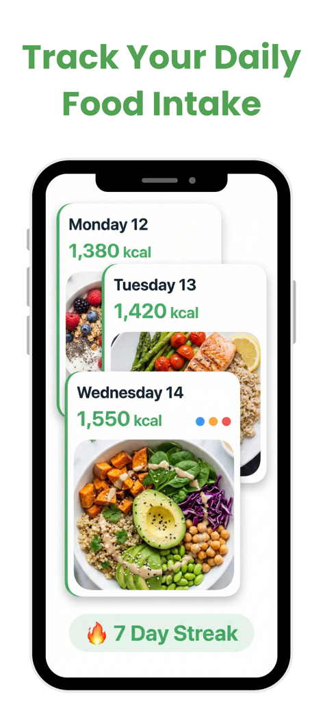 Food Calorie Scanner · AI - Interface showing a daily food intake tracker with calorie counts, meal photo thumbnails, and a 7-day streak indicator.