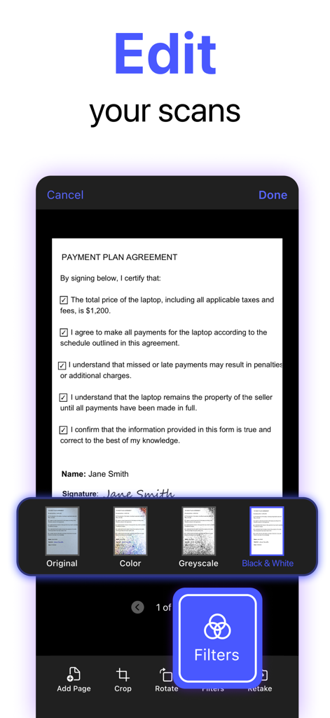 MobiScan: OCR Scanner・Scan PDF - Interfaz de la aplicación MobiScan mostrando herramientas de edición de documentos y filtros de escaneo