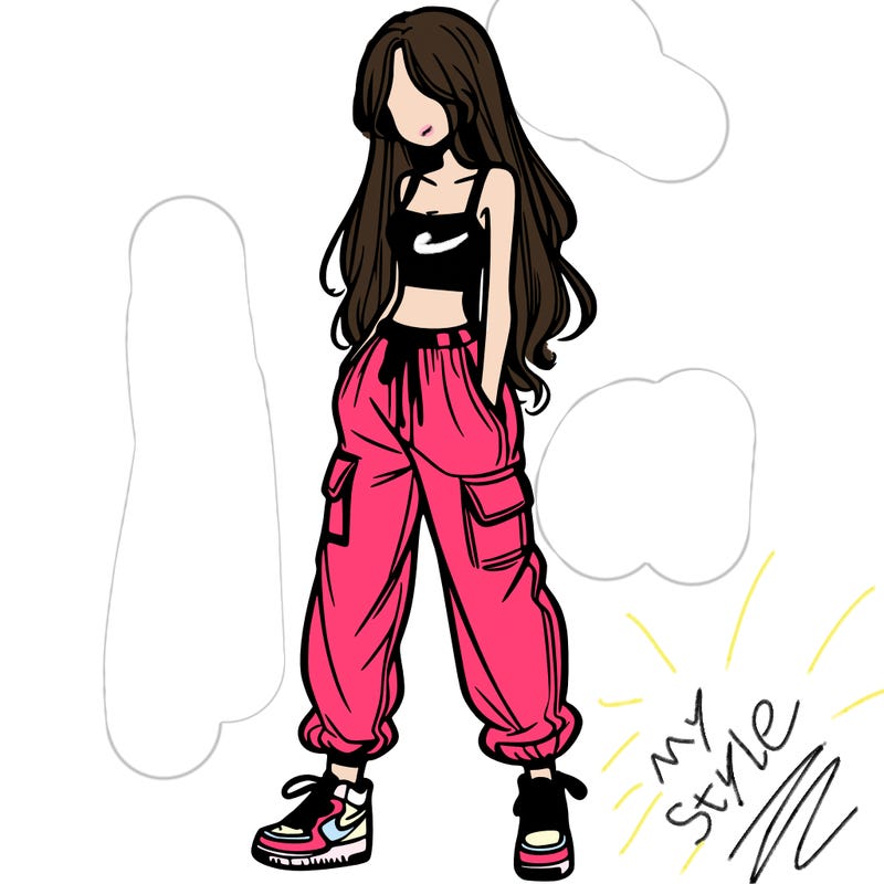 girl in baggy pants crop top and long hair