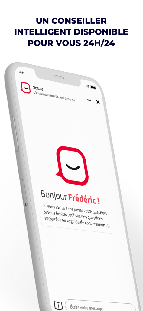 Interface of the SoBot AI virtual assistant on the L'Appli SG mobile banking app.