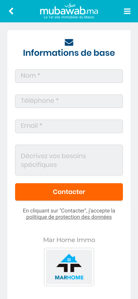 Mubawab app contact form for inquiring about real estate listings in Morocco