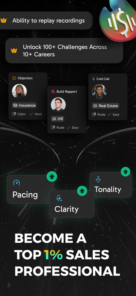 Interface of CloserCoach app showing AI-driven metrics for pacing tonality and clarity with various industry sales challenges