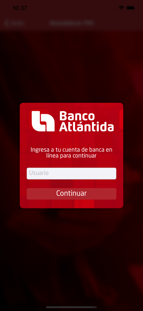 Atlántida Token - Login screen of the Banco Atlantida Token app with a username field and continue button.
