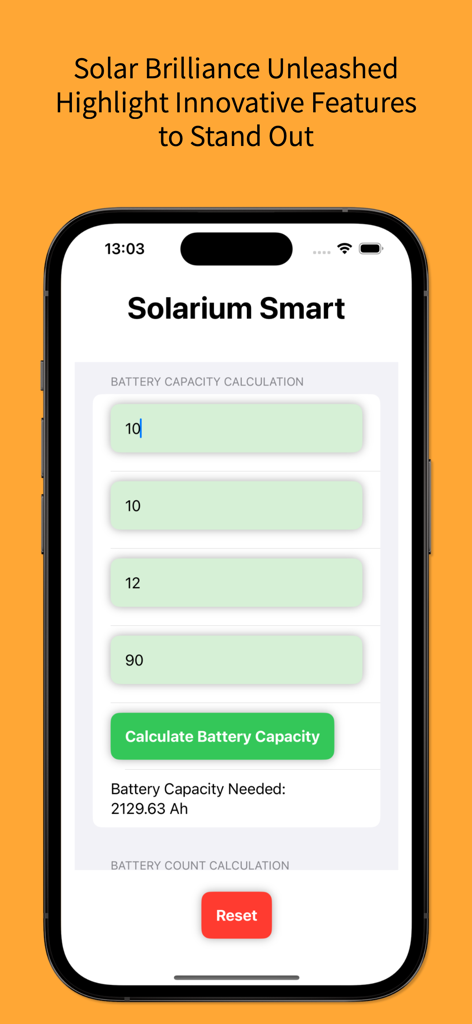 Interface do aplicativo Solarium Smart mostrando um cálculo de capacidade de bateria com um resultado de 2129,63 Ah