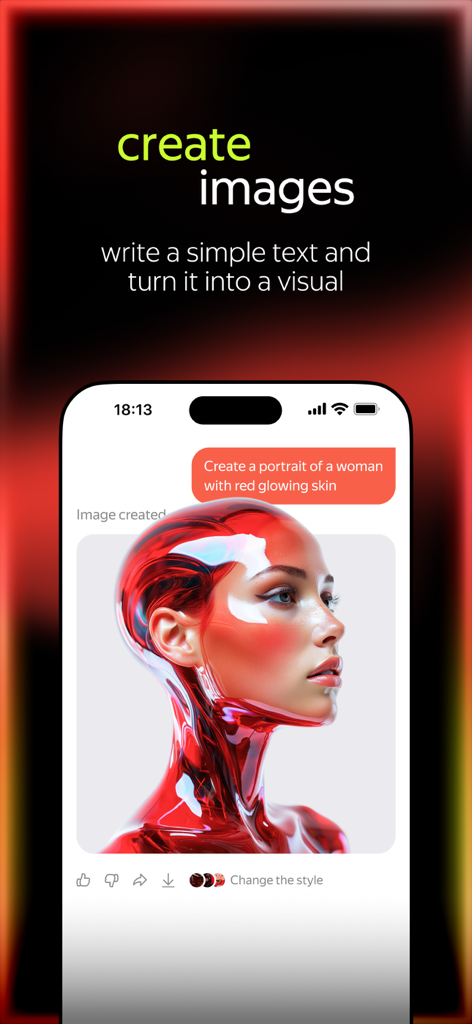 yandex ai: chatbot & assistant - Smartphone screen showing the Yandex AI app generating a high-quality creative image from a text prompt