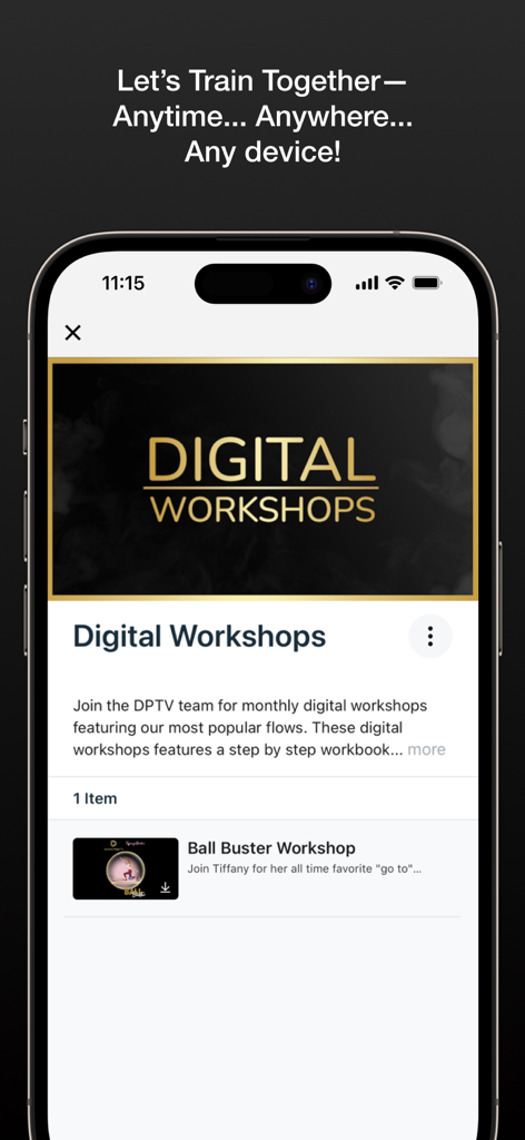 Schermata dello smartphone che mostra la sezione dei workshop digitali dell'app Dynamic Pilates TV con il workshop Ball Buster