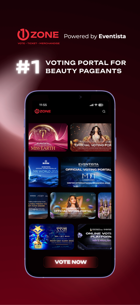 1Zone - 1Zone app interface featuring voting portals for international beauty pageants like Miss Earth and Miss Global