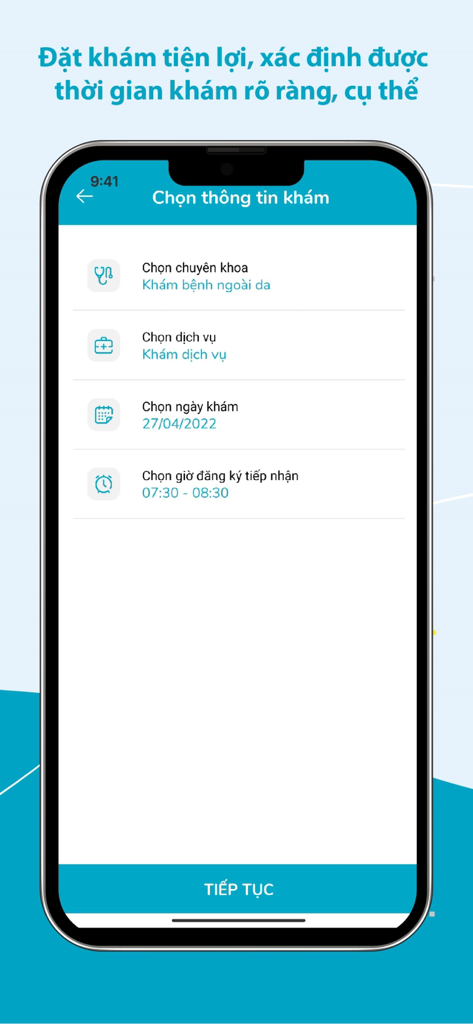 BV Da Liễu Tp.HCM- ĐKKB Online - Mobile app interface for selecting medical department date and time for a hospital appointment