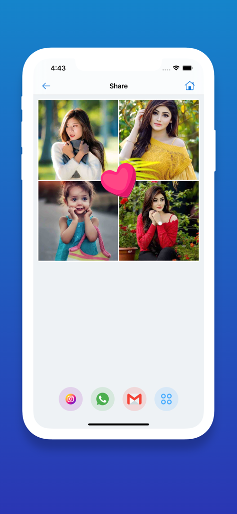 PhotoGrid - Layout - PhotoGrid app share screen displaying a four-photo collage with a heart sticker and social media icons for Instagram and WhatsApp