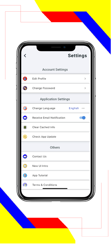 Flexi Parking - Settings screen of the Flexi Parking app showing account and application preferences