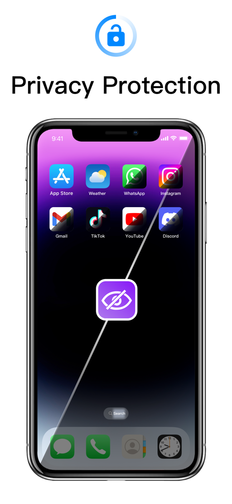 App Lock-Lock Apps, App Locker - A smartphone displaying several apps with a central hidden eye icon representing privacy protection and app locking features.