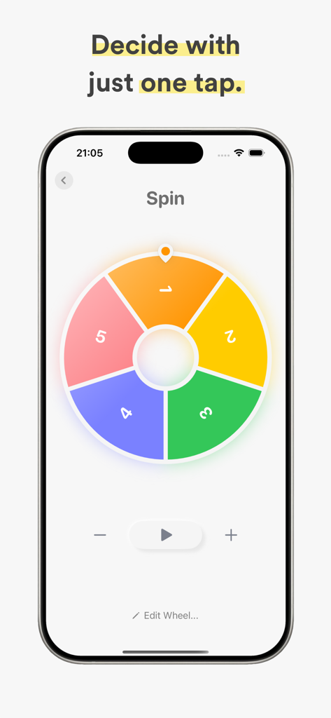 Spin - Lucky Wheel Random Draw - A colorful five-segment lucky wheel on an iPhone for making quick decisions