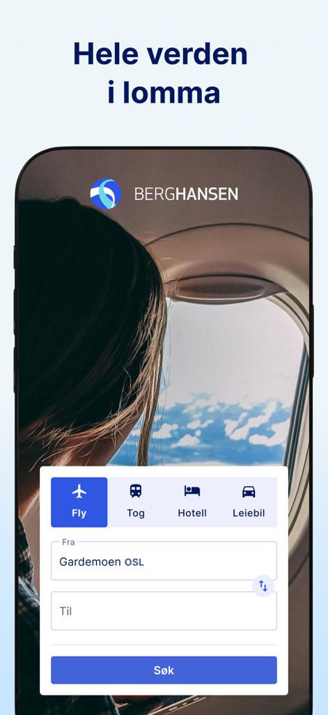 Berg-Hansen mobile app interface displaying options for booking flights, trains, hotels, and rental cars.