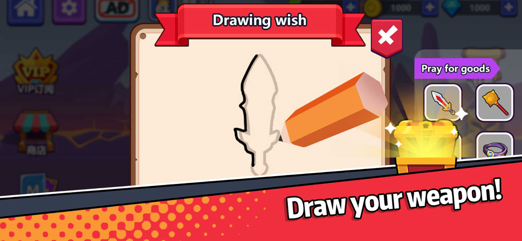 A gameplay screenshot of Idle Battle Warriors showing the draw your weapon feature with a sword outline and a golden treasure chest.