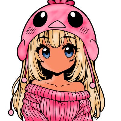 anime girl with chick shaped hat with sweater with bare shoulders with bangs covering them one eye with low tail