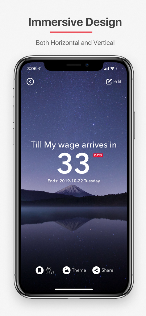 Days Matter Air - Countdown - Pantalla de smartphone que muestra una cuenta regresiva para el día de pago con un fondo estético de montañas y cielo estrellado