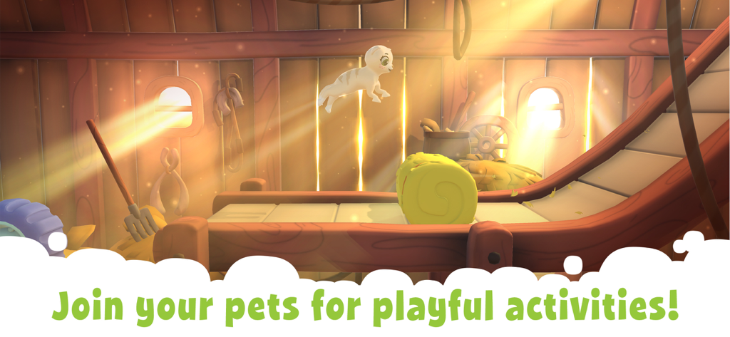 A white digital pet cat jumping in a sunny barn with playful activities.