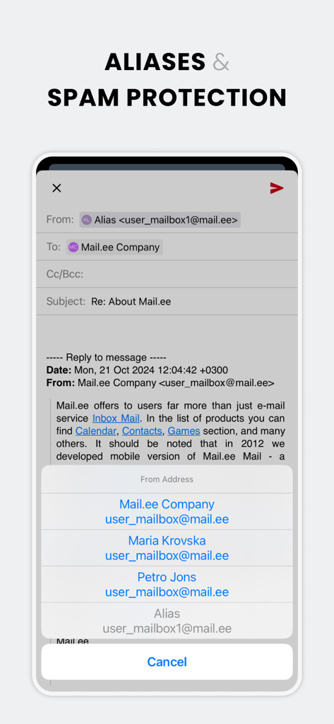 L'interface de l'application mobile Mail.ee affiche la sélection d'alias de messagerie pour une protection optimale contre le spam et la confidentialité.