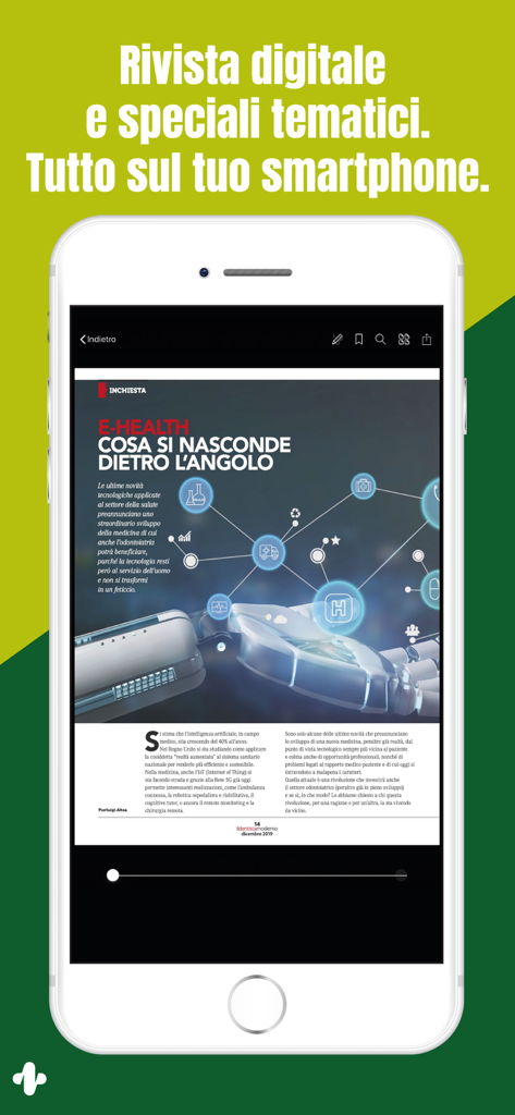 Il Dentista Moderno - Interface du magazine dentaire numérique sur un appareil mobile affichant un article sur la santé électronique.