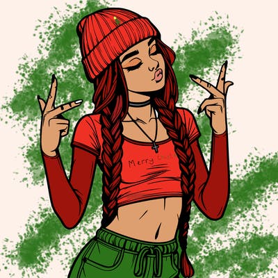 realistic teenage girl with braids and a beanie and crop top doing 🫶🏼