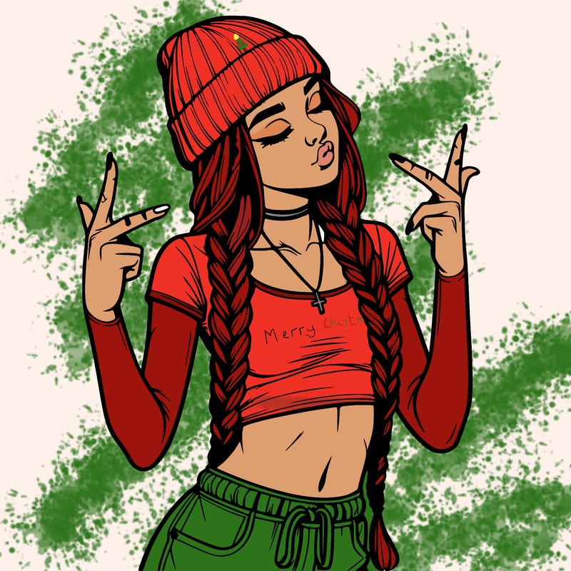 realistic teenage girl with braids and a beanie and crop top doing 🫶🏼