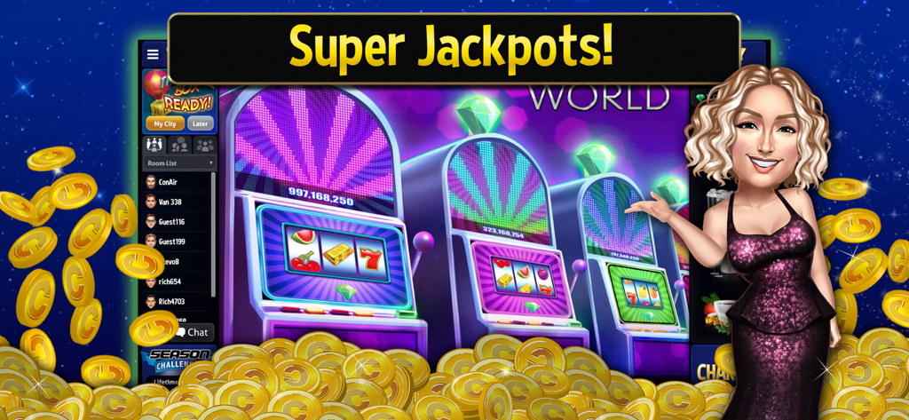 Casino World Slots & Rewards - Avatar féminin dans une robe violette à côté de machines à sous et d'une pile de pièces d'or avec le texte Super Jackpots