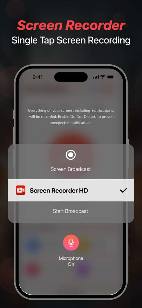 Screen Recorder - Stream Games - Interfaz de iPhone mostrando la función de grabación de pantalla con un solo toque para jugabilidad móvil y creación de contenido