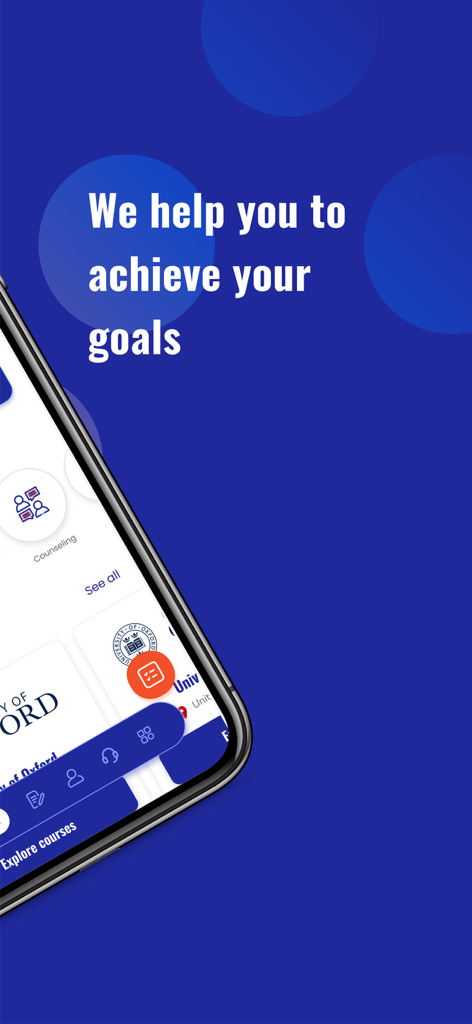 Smartphone screen showing the Acceptix app with the text We help you to achieve your goals and university options