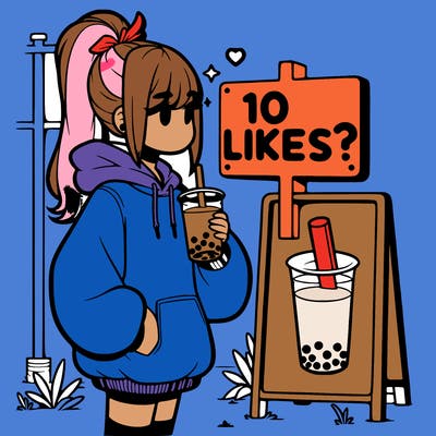 girl with oversized hoodie drinking boba and she has a high ponytail with a sign that says 10likes?