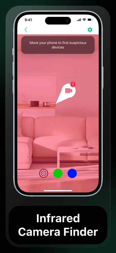 Hidden Device－Detector, Camera - Interfaz de una aplicación móvil usando infrarrojos para detectar cámaras ocultas en una sala de estar.