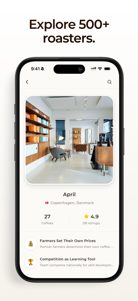 A smartphone screen displaying the roaster exploration feature of the Coffi app showing a roaster profile for April in Copenhagen