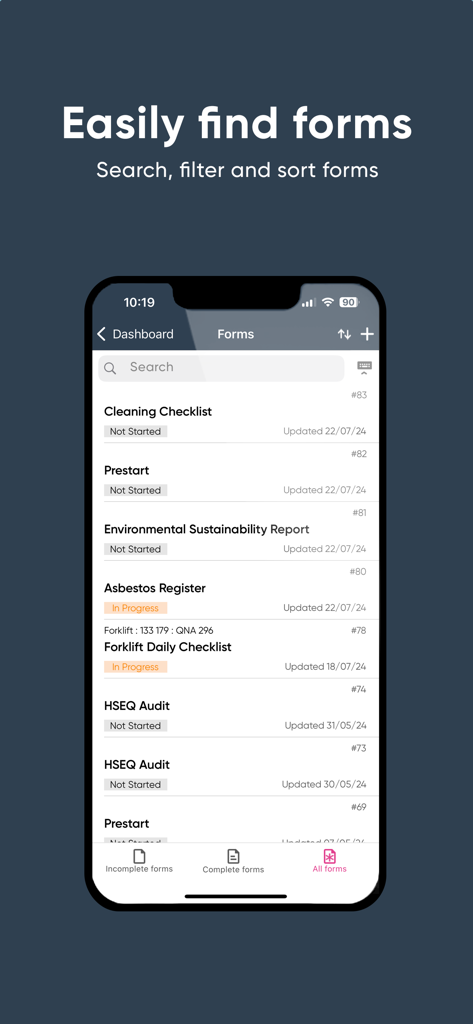 Un écran mobile de l'application Ideagen EHS Core montrant une liste consultable de formulaires de sécurité, y compris des listes de contrôle de nettoyage et des audits QHSE.
