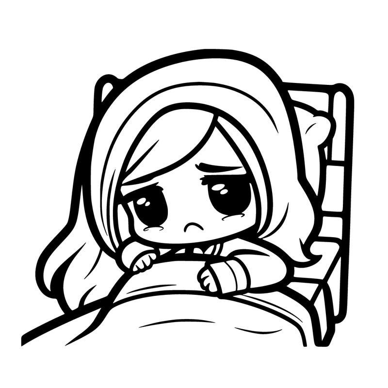 a 12 year old girl in her bed all sick with long hair and a hoodie on