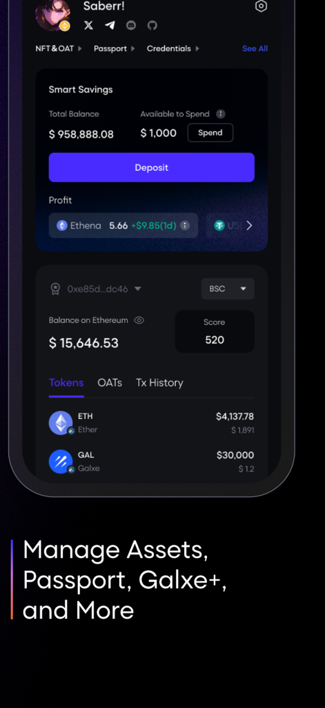 Galxe - Interfaz de la aplicación Galxe mostrando saldos de criptomonedas y gestión de pasaporte digital