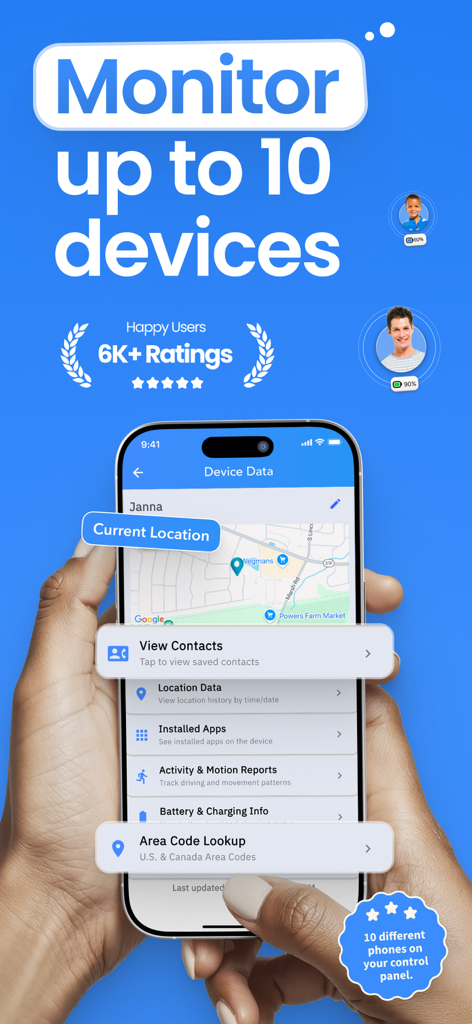Spy Phone ® Phone Tracker - Smartphone che mostra la dashboard dell'app Spy Phone tracker con dati di localizzazione e funzionalità di monitoraggio familiare