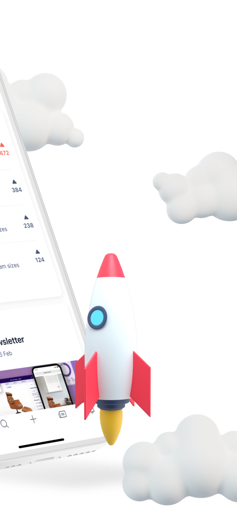 Product Hunt - Una nave espacial 3D despegando junto a un smartphone que muestra la interfaz de la aplicación Product Hunt con votos y nubes.