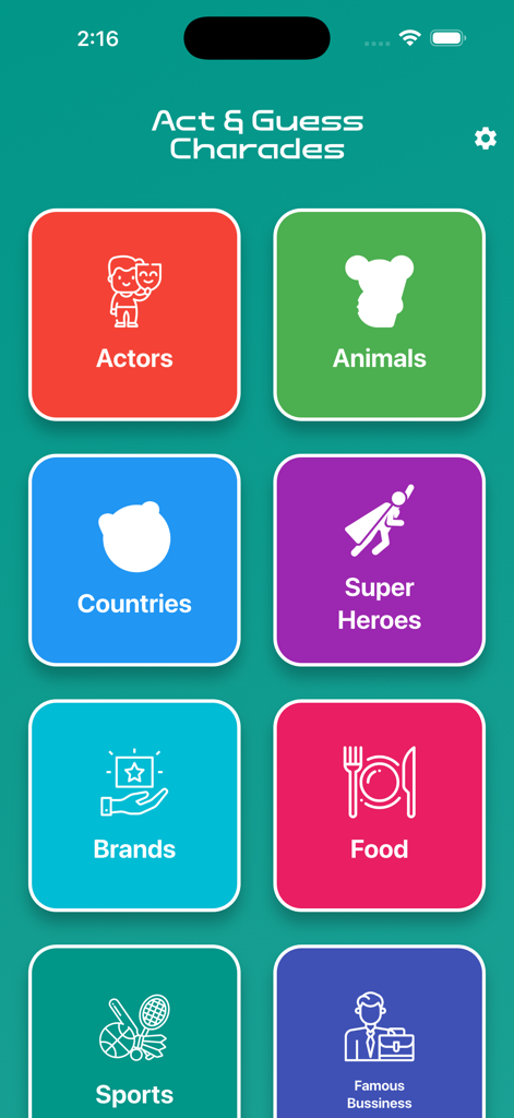 Act & Guess - Charades - Category selection screen for Act and Guess Charades app featuring colorful tiles for Actors, Animals, Countries, and Super Heroes.