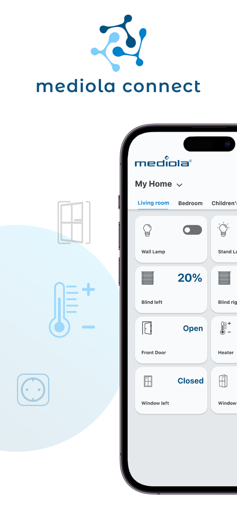 mediola connect - Mediola connect App Dashboard mit Smart Home-Steuerungen für Lichter und Jalousien auf einem iPhone