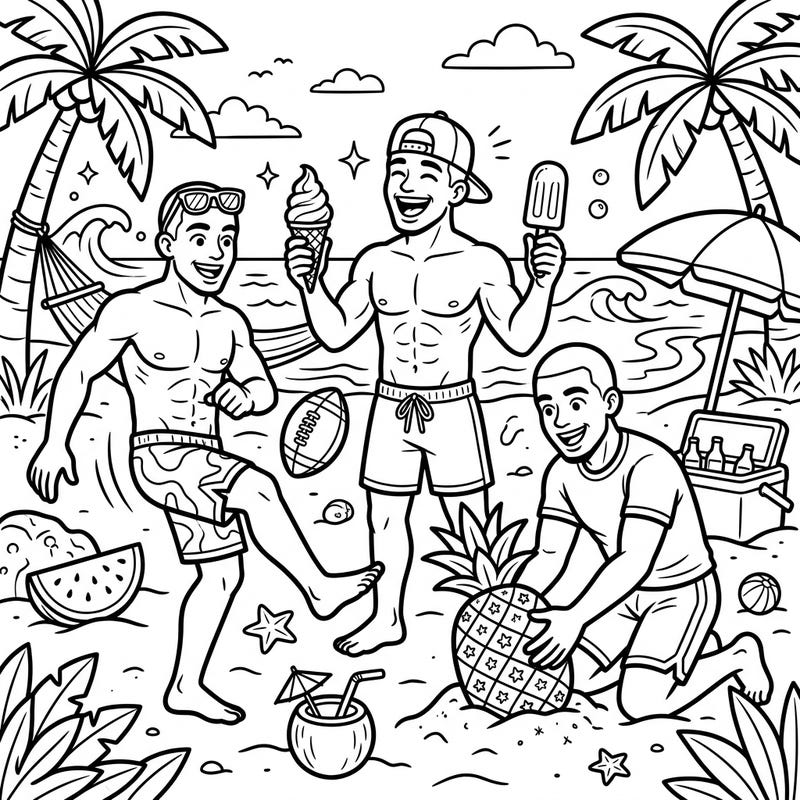 Get ready for a vibrant summer getaway with this energetic coloring page featuring football cornerbacks enjoying a sunny beach day. Capture the fun of their well-deserved vacation with your favorite colors.