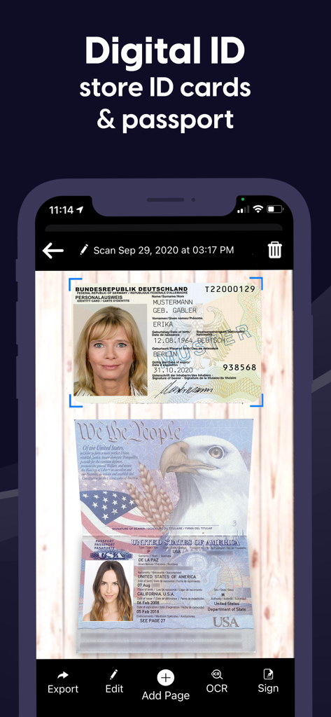 Benutzeroberfläche einer mobilen App, die einen gescannten Ausweis und Reisepass mit Optionen zum Exportieren, Bearbeiten und Signieren anzeigt