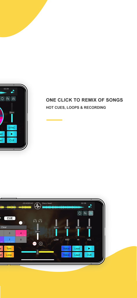 DJ Mixer Studio app interface for remixing music with EQ sliders and waveforms