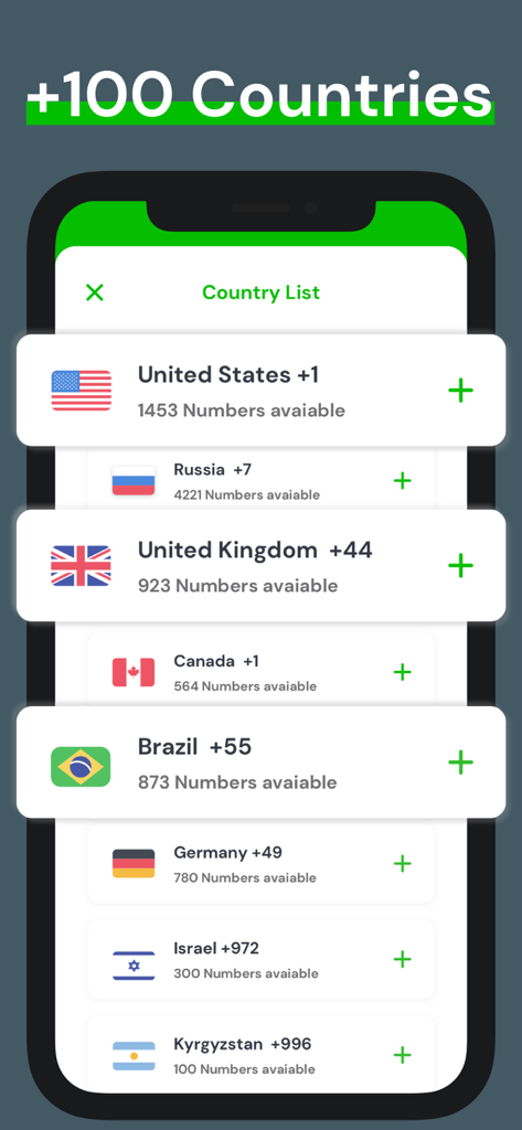 Screen showing virtual phone numbers available from over 100 countries including the United States and United Kingdom