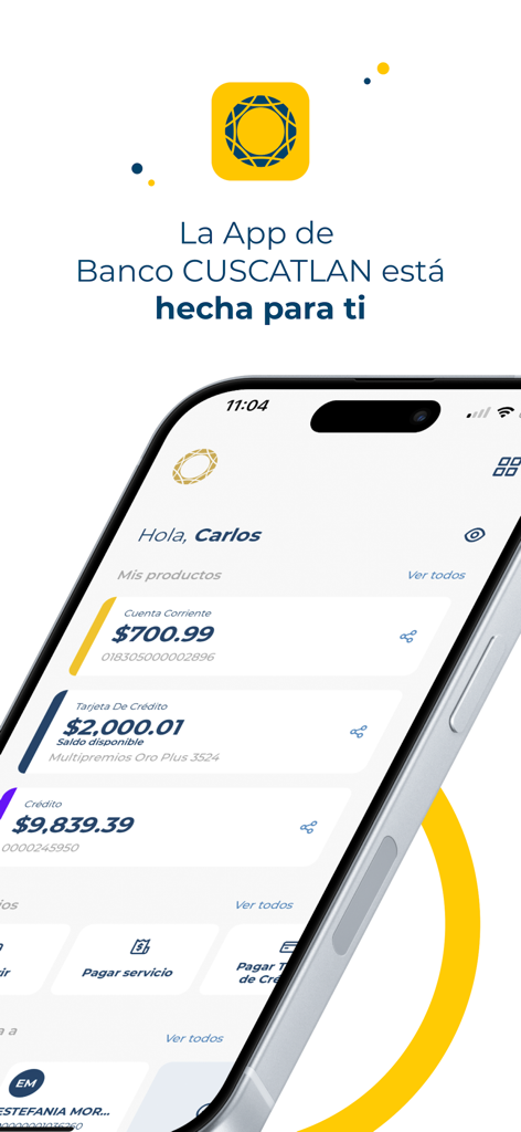APP CUSCATLAN SV - Banco Cuscatlan SV mobile app interface showing account balances and financial services