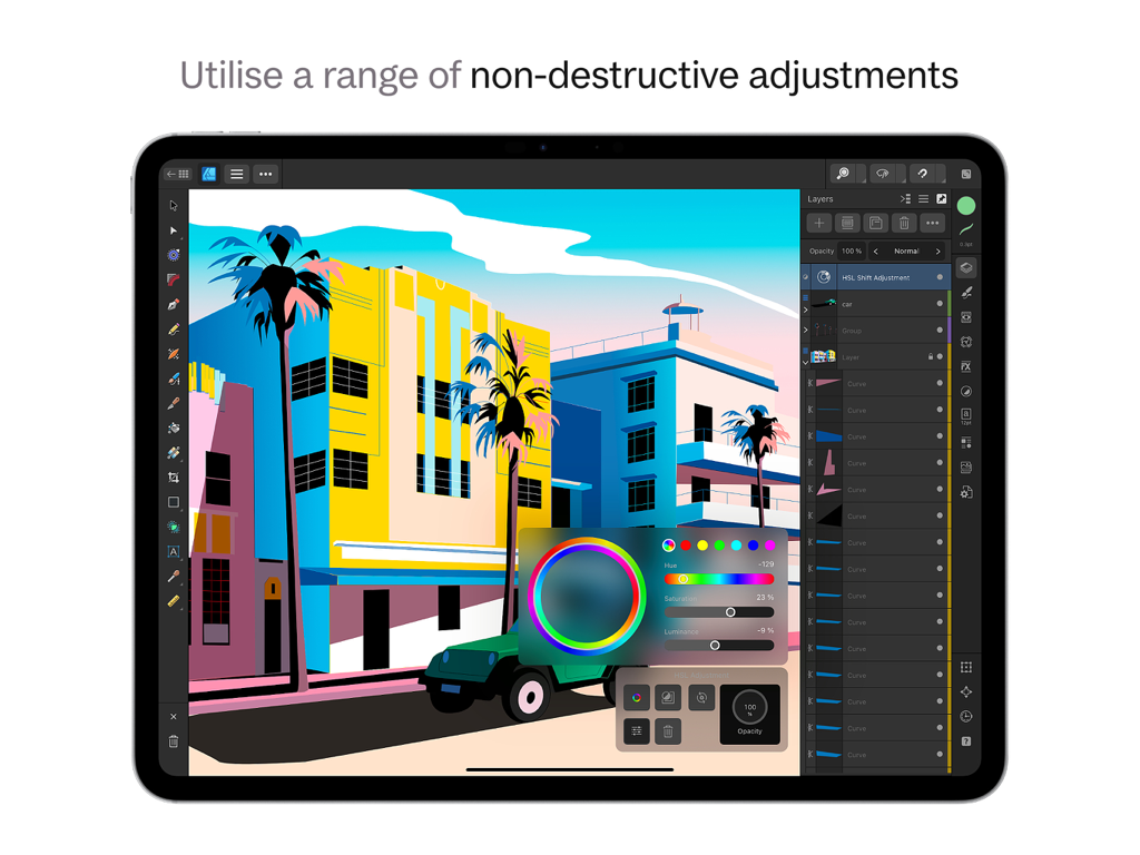 Affinity Designer 2 for iPad - Vector illustration editing on Affinity Designer 2 for iPad using non-destructive HSL adjustments