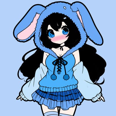 pretty anime girl wearing a fluffy hoodie with bunny ears on the hood and a skirt